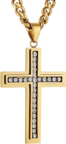 HZMAN Cross Necklace for Men Stainless Steel Cross with Cubic Zirconia Inlay Pendant Necklace with 7mm Cuban Chain 24In