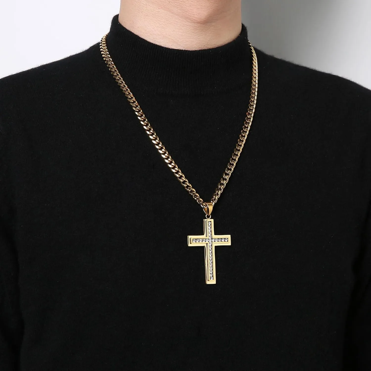 HZMAN Cross Necklace for Men Stainless Steel Cross with Cubic Zirconia Inlay Pendant Necklace with 7mm Cuban Chain 24In