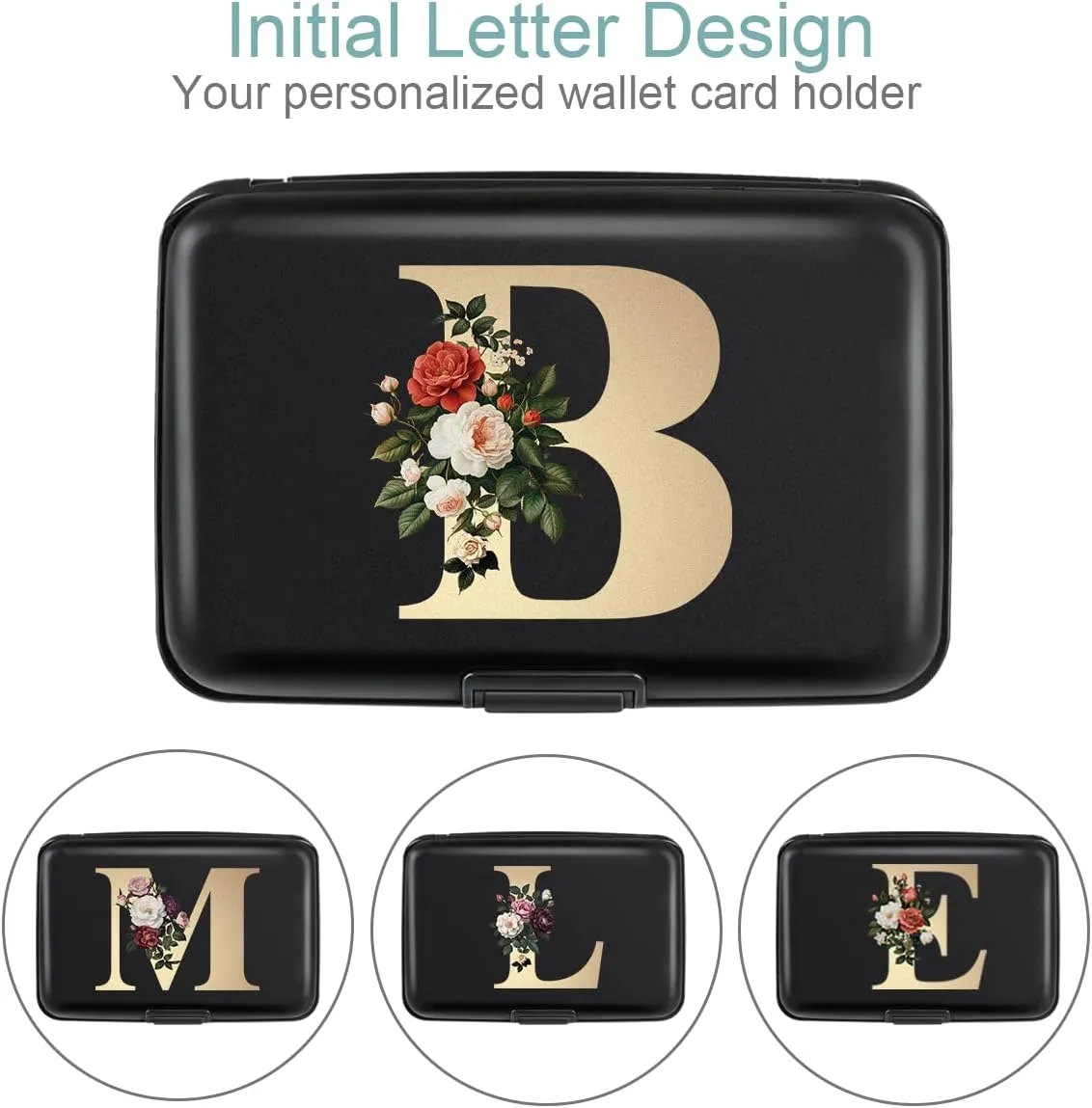 Initial Letter B Credit Card Holder Personalized Small Wallet Hard Shell Rose Flower Card Case RFID Blocking Mini Wallets for Women and Girls, Letter B