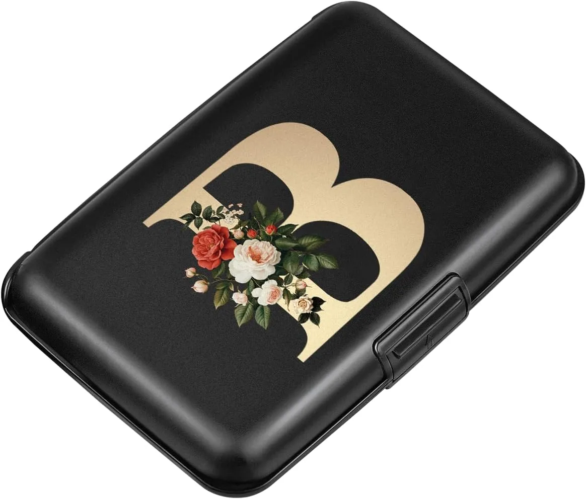 Initial Letter B Credit Card Holder Personalized Small Wallet Hard Shell Rose Flower Card Case RFID Blocking Mini Wallets for Women and Girls, Letter B
