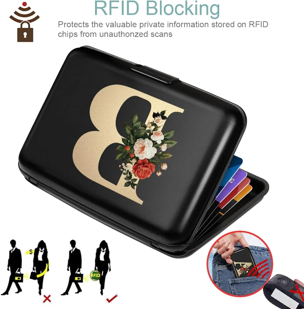 Initial Letter B Credit Card Holder Personalized Small Wallet Hard Shell Rose Flower Card Case RFID Blocking Mini Wallets for Women and Girls, Letter B