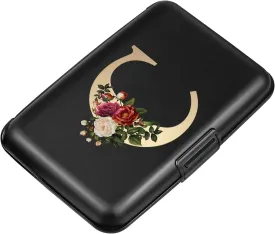 Initial Letter C Credit Card Holder Personalized Small Wallet Hard Shell Rose Flower Card Case RFID Blocking Mini Wallets for Women and Girls, Letter C