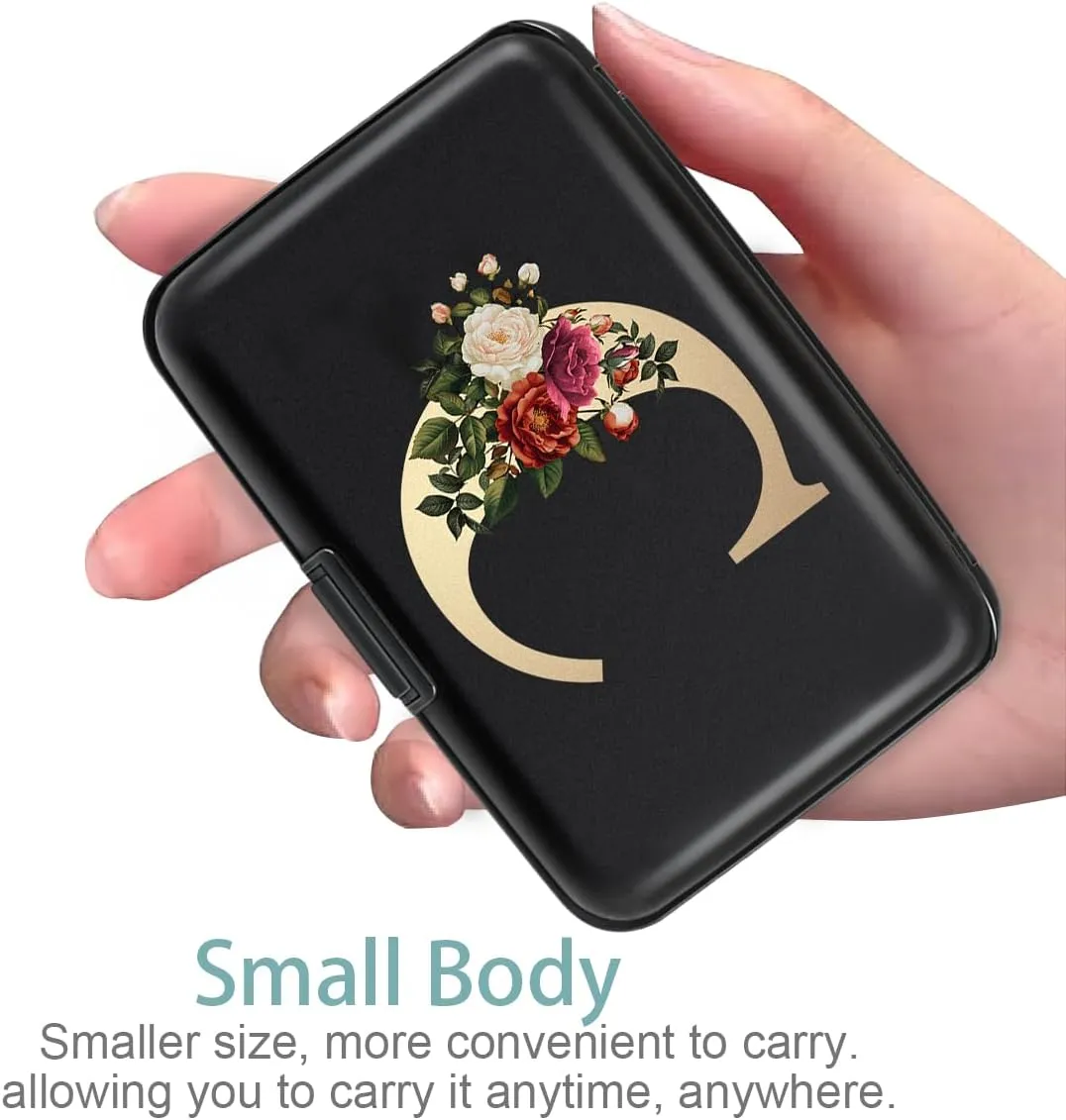 Initial Letter C Credit Card Holder Personalized Small Wallet Hard Shell Rose Flower Card Case RFID Blocking Mini Wallets for Women and Girls, Letter C