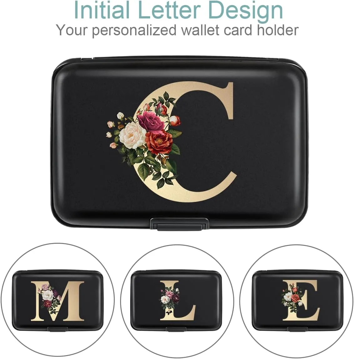 Initial Letter C Credit Card Holder Personalized Small Wallet Hard Shell Rose Flower Card Case RFID Blocking Mini Wallets for Women and Girls, Letter C