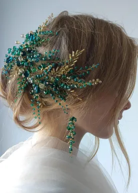 Kercisbeauty Green Beads Headpiece with Earrings Gold Headband for Brides Side Headband Hair Accessories Vintage Wedding Jewelry Handmade