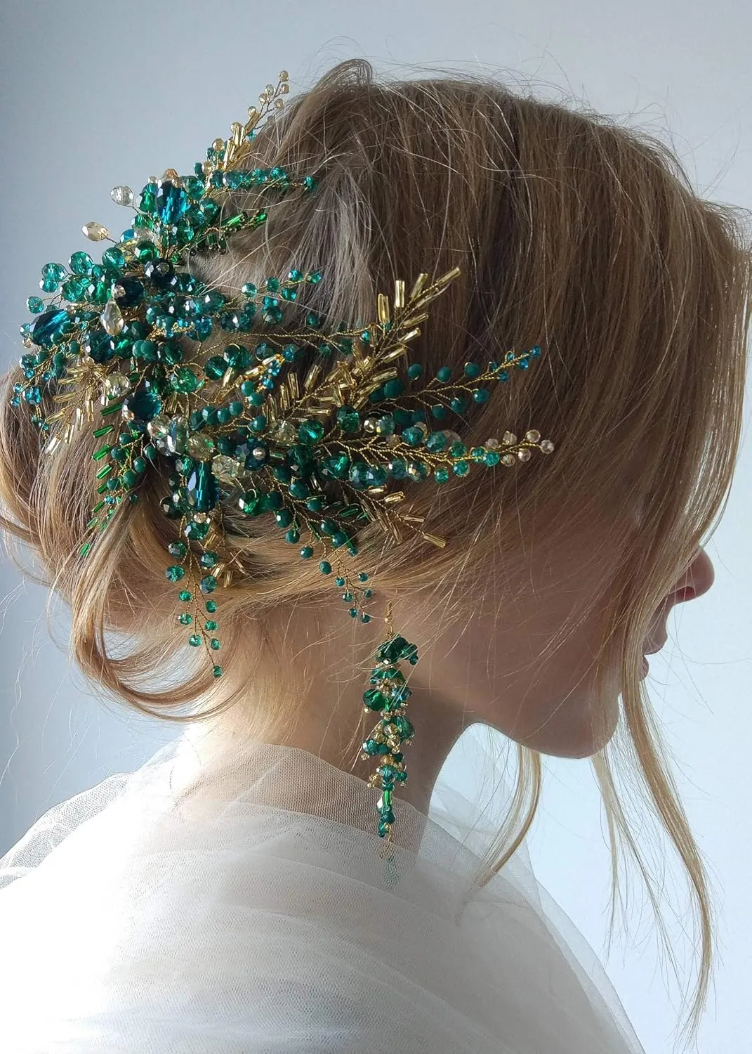 Kercisbeauty Green Beads Headpiece with Earrings Gold Headband for Brides Side Headband Hair Accessories Vintage Wedding Jewelry Handmade