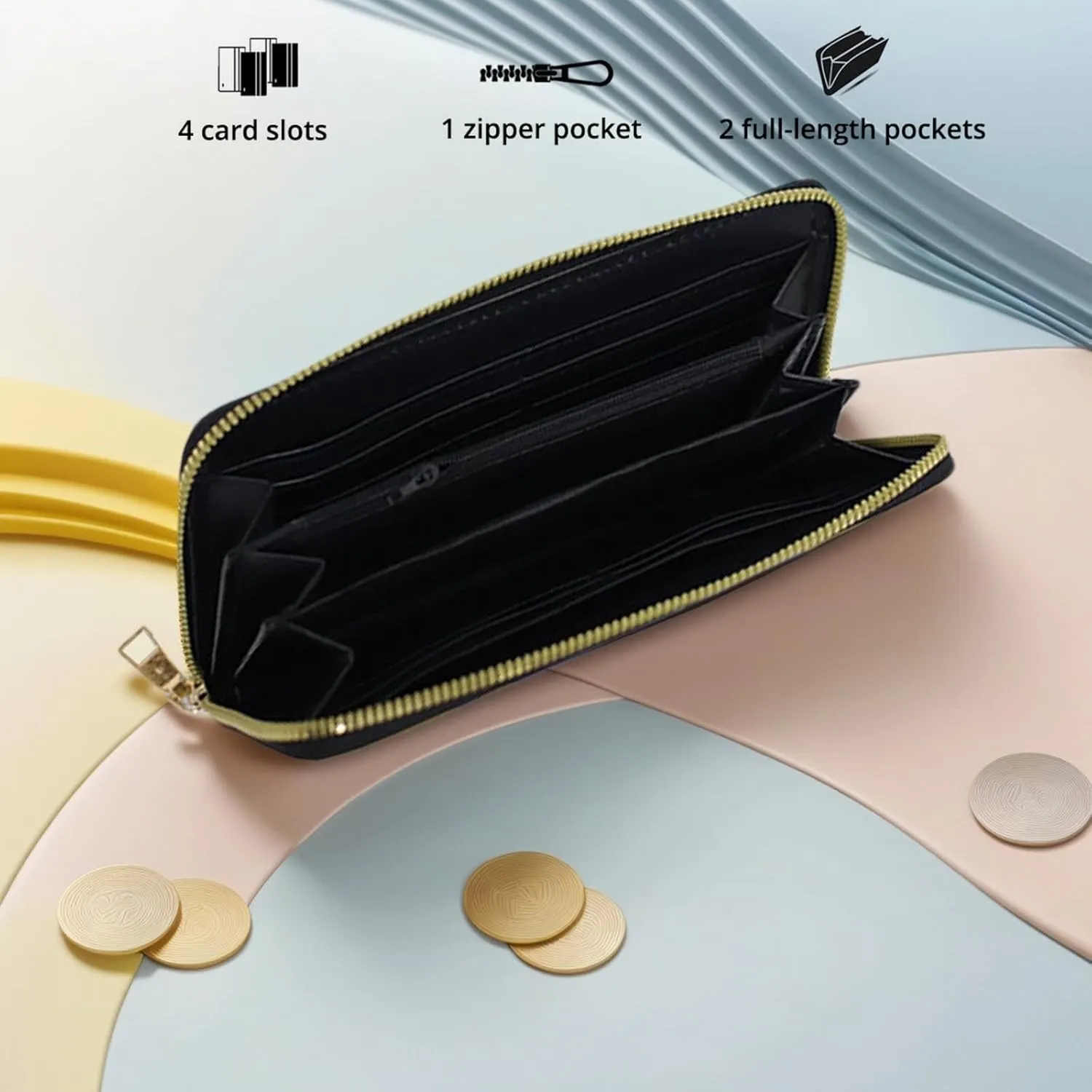 Leather Wallet for Women,Large Capacity RFID Blocking Clutch,Zip Around Purse with 8 Card Slots,Bill Compartments Coin Pocket-Conch Seashells Starfish