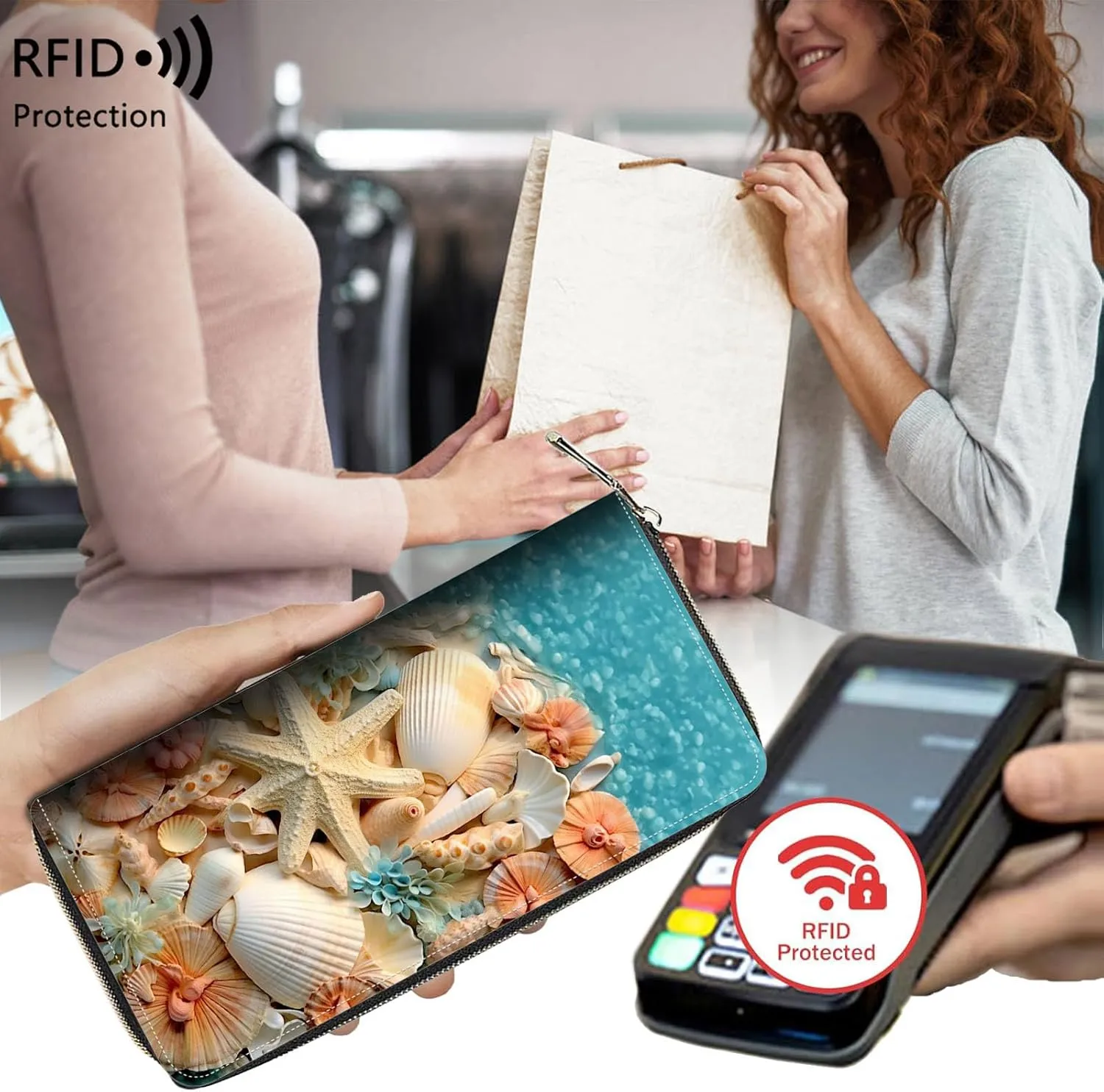 Leather Wallet for Women,Large Capacity RFID Blocking Clutch,Zip Around Purse with 8 Card Slots,Bill Compartments Coin Pocket-Conch Seashells Starfish
