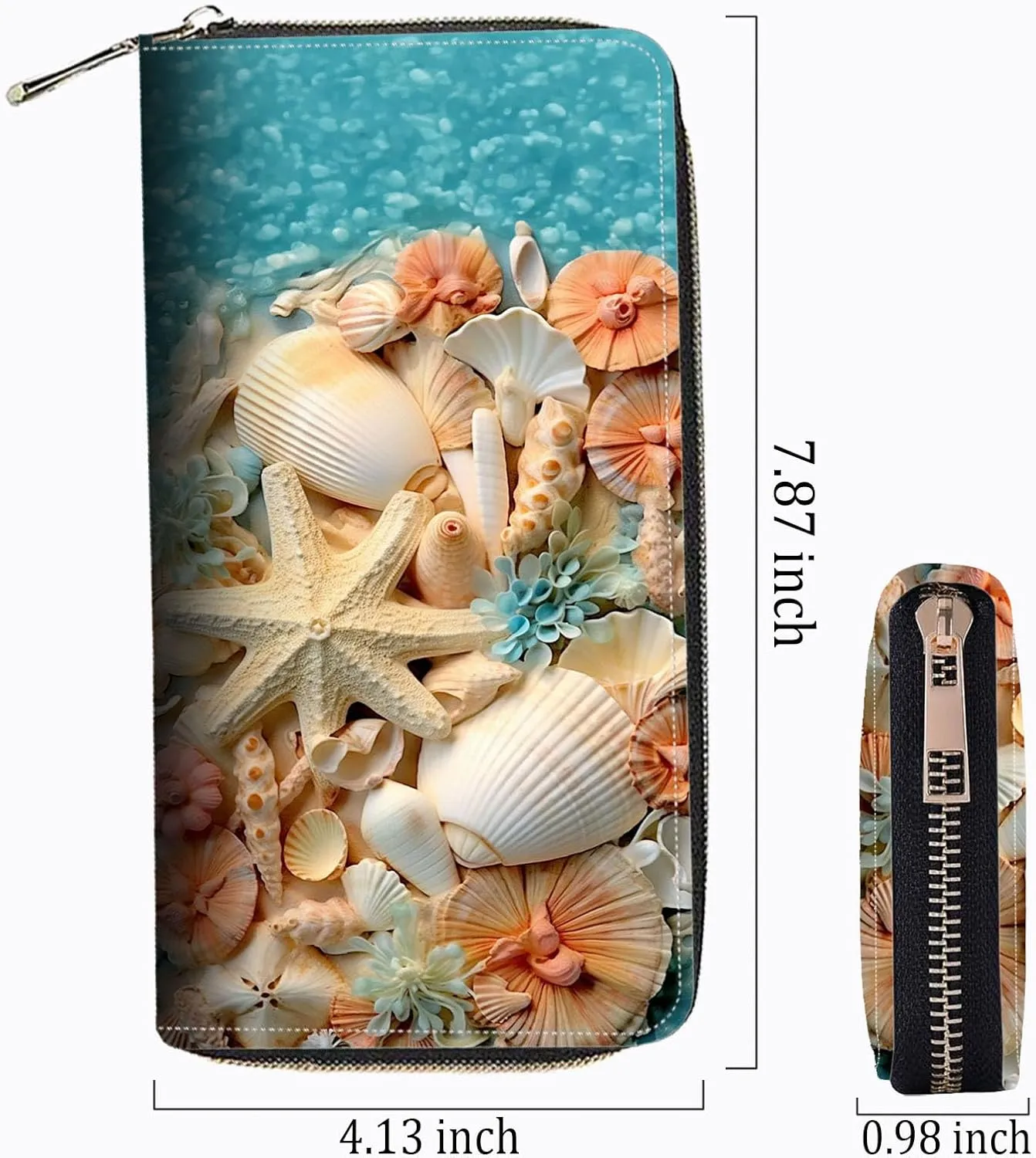 Leather Wallet for Women,Large Capacity RFID Blocking Clutch,Zip Around Purse with 8 Card Slots,Bill Compartments Coin Pocket-Conch Seashells Starfish