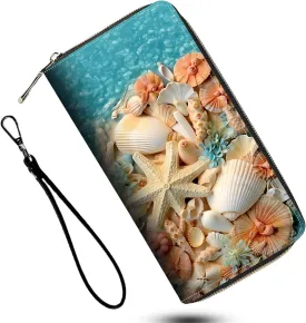 Leather Wallet for Women,Large Capacity RFID Blocking Clutch,Zip Around Purse with 8 Card Slots,Bill Compartments Coin Pocket-Conch Seashells Starfish