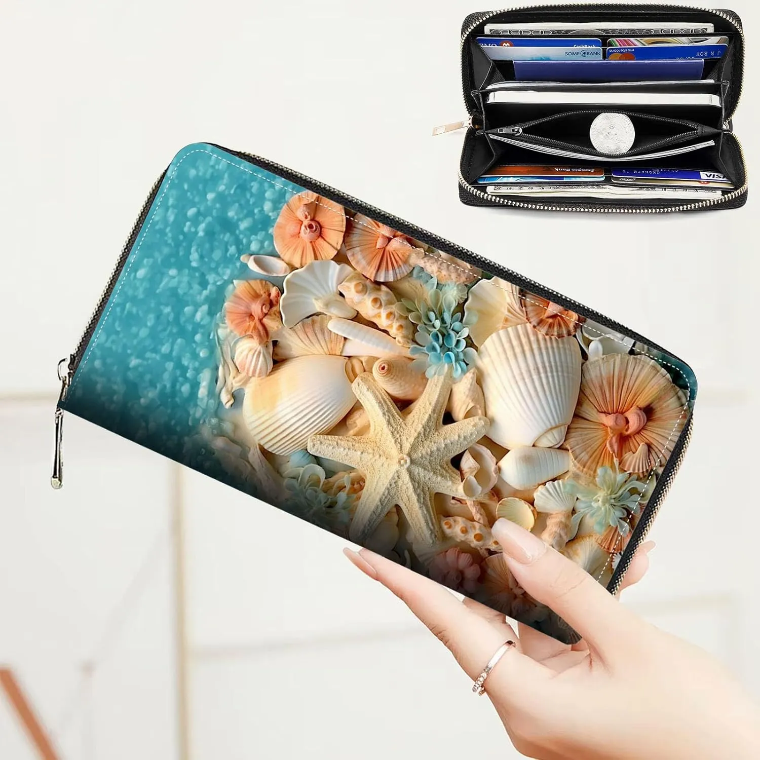 Leather Wallet for Women,Large Capacity RFID Blocking Clutch,Zip Around Purse with 8 Card Slots,Bill Compartments Coin Pocket-Conch Seashells Starfish