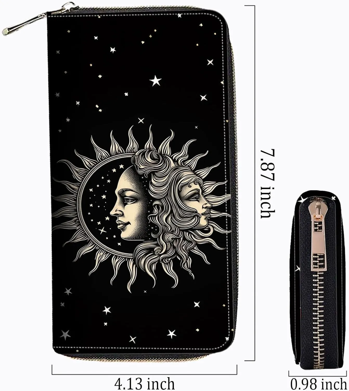 Leather Wallet for Women,Large Capacity RFID Blocking Clutch,Zip Around Purse with 8 Card Slots,Bill Compartments Coin Pocket-Sun and Moon