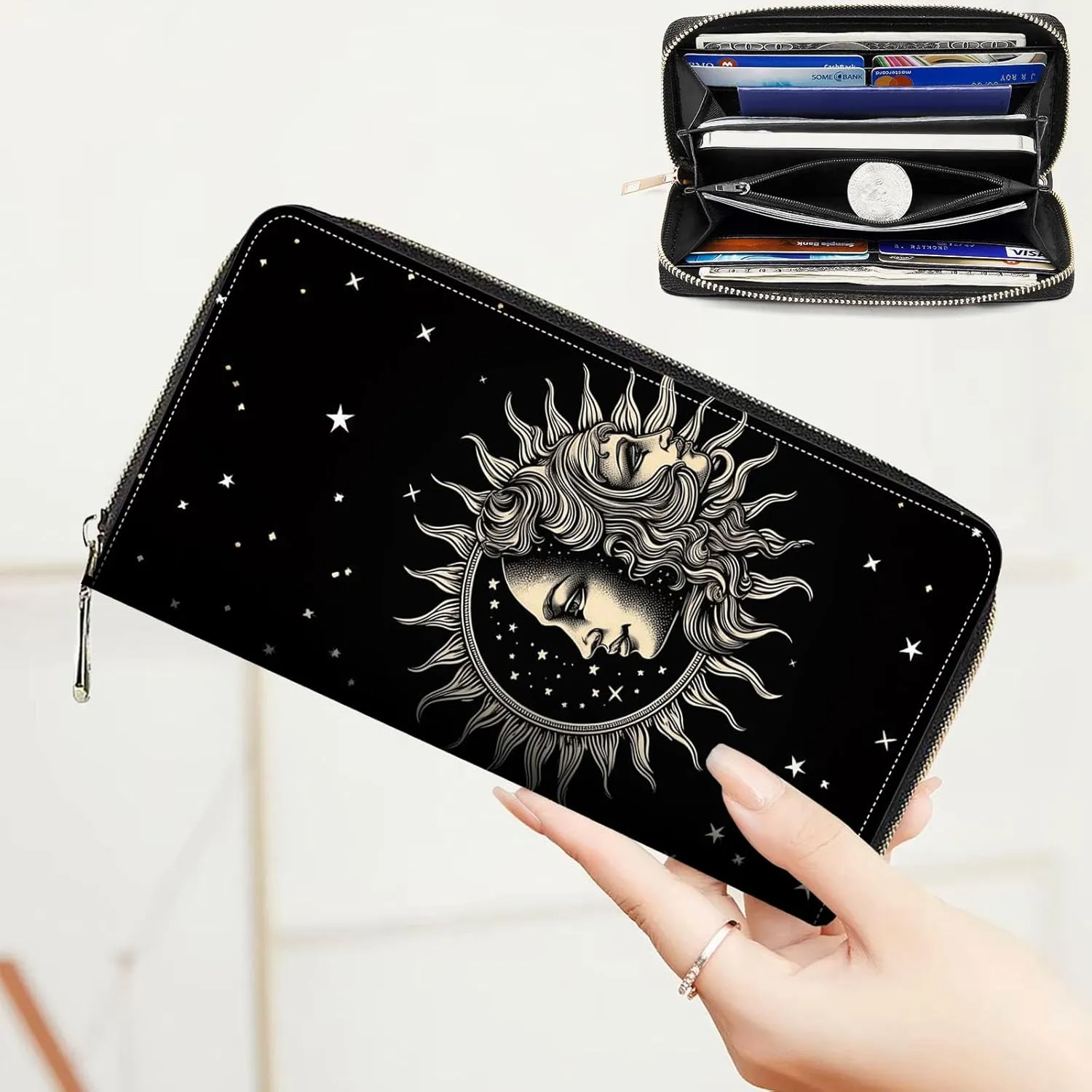 Leather Wallet for Women,Large Capacity RFID Blocking Clutch,Zip Around Purse with 8 Card Slots,Bill Compartments Coin Pocket-Sun and Moon