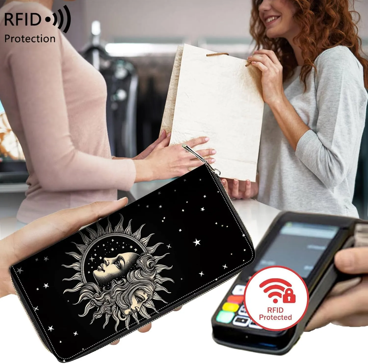 Leather Wallet for Women,Large Capacity RFID Blocking Clutch,Zip Around Purse with 8 Card Slots,Bill Compartments Coin Pocket-Sun and Moon