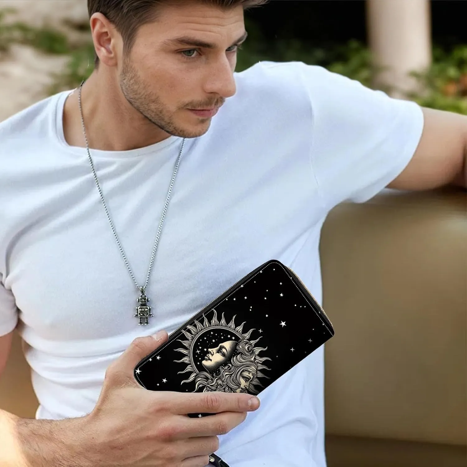 Leather Wallet for Women,Large Capacity RFID Blocking Clutch,Zip Around Purse with 8 Card Slots,Bill Compartments Coin Pocket-Sun and Moon