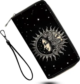 Leather Wallet for Women,Large Capacity RFID Blocking Clutch,Zip Around Purse with 8 Card Slots,Bill Compartments Coin Pocket-Sun and Moon