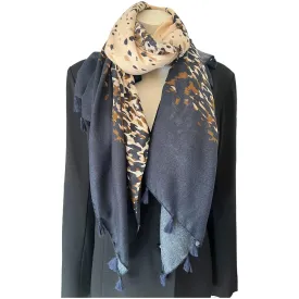 Leopard Print Scarf Navy Beige with Tassels