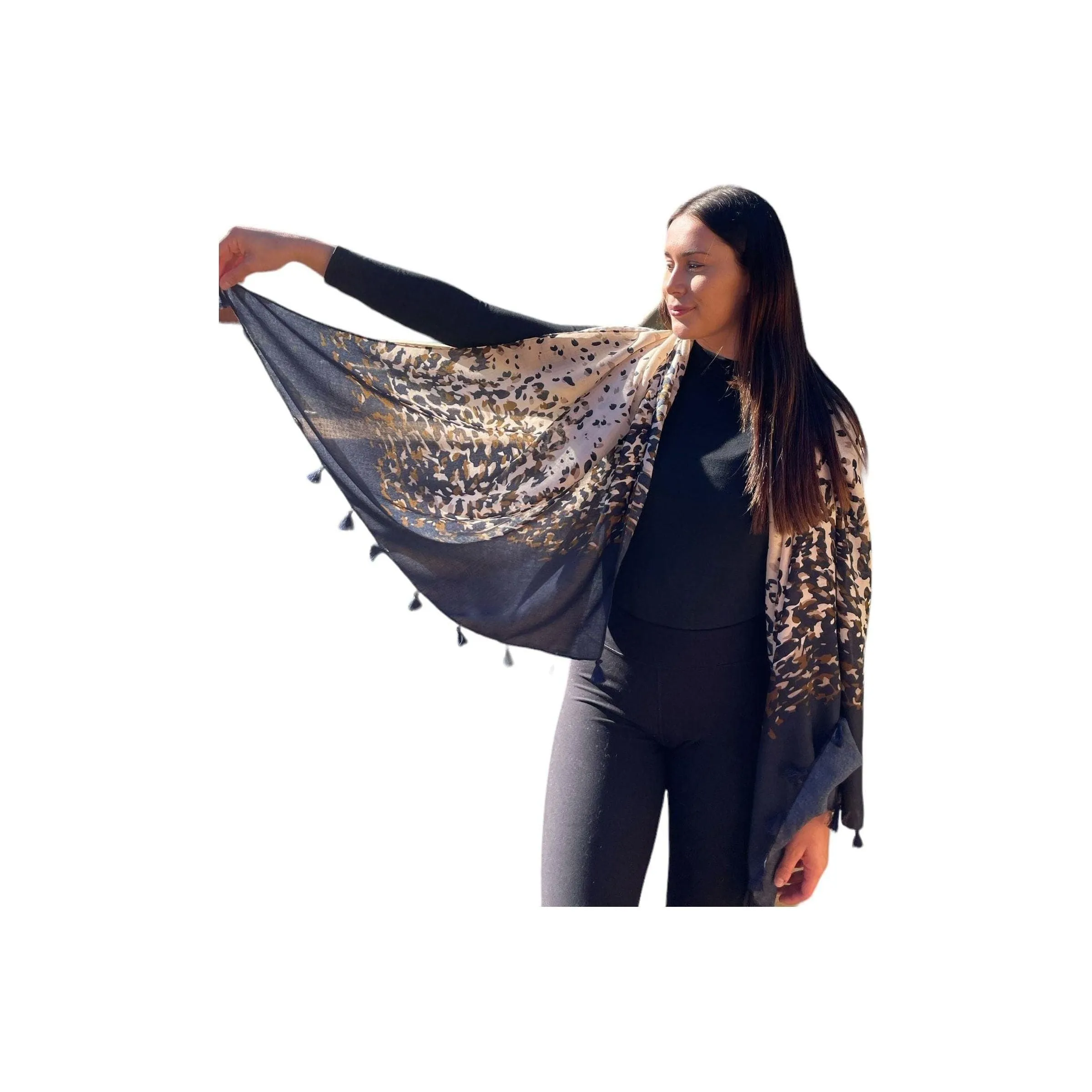 Leopard Print Scarf Navy Beige with Tassels