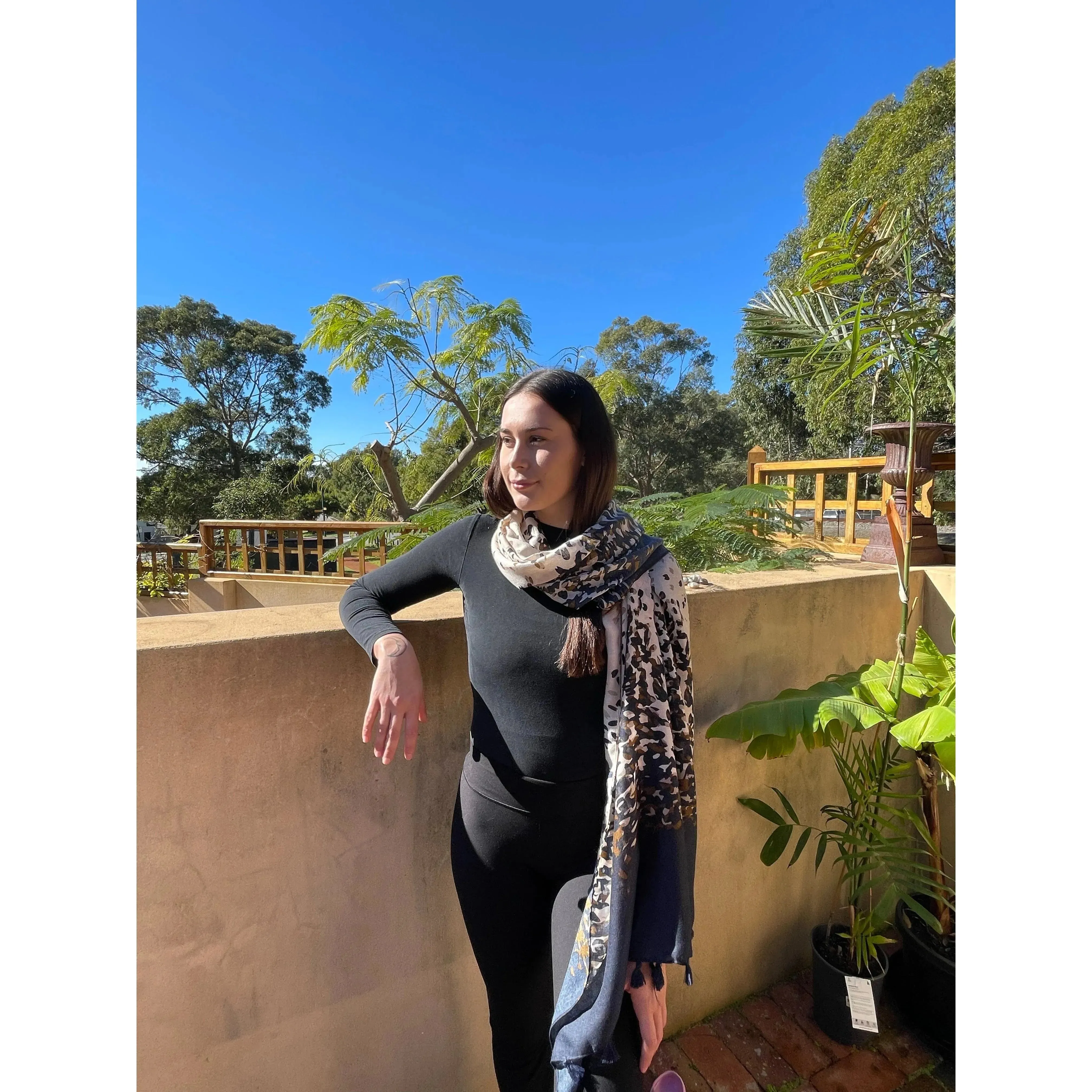 Leopard Print Scarf Navy Beige with Tassels