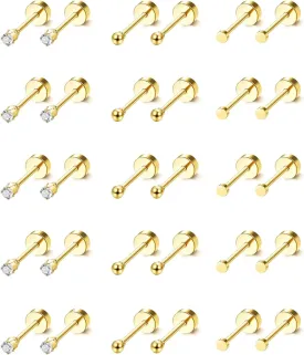 LOLIAS 15 Pairs Tiny Surgical Steel Gold Stud Earrings, Comfortable Screw Back Flat Back Earrings with CZ Dot Ball Stones, 2mm, 20G