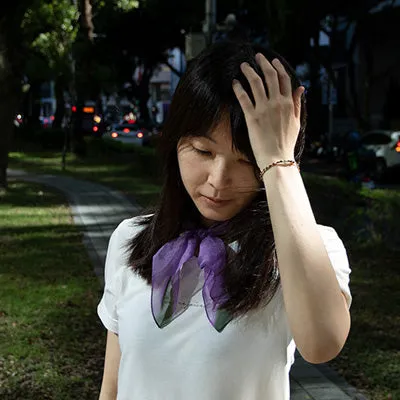< Limited Edition > Silk Chiffon Scarf with Purple & Olive Print "Ce Soir" / 53x53cm / Made in Japan