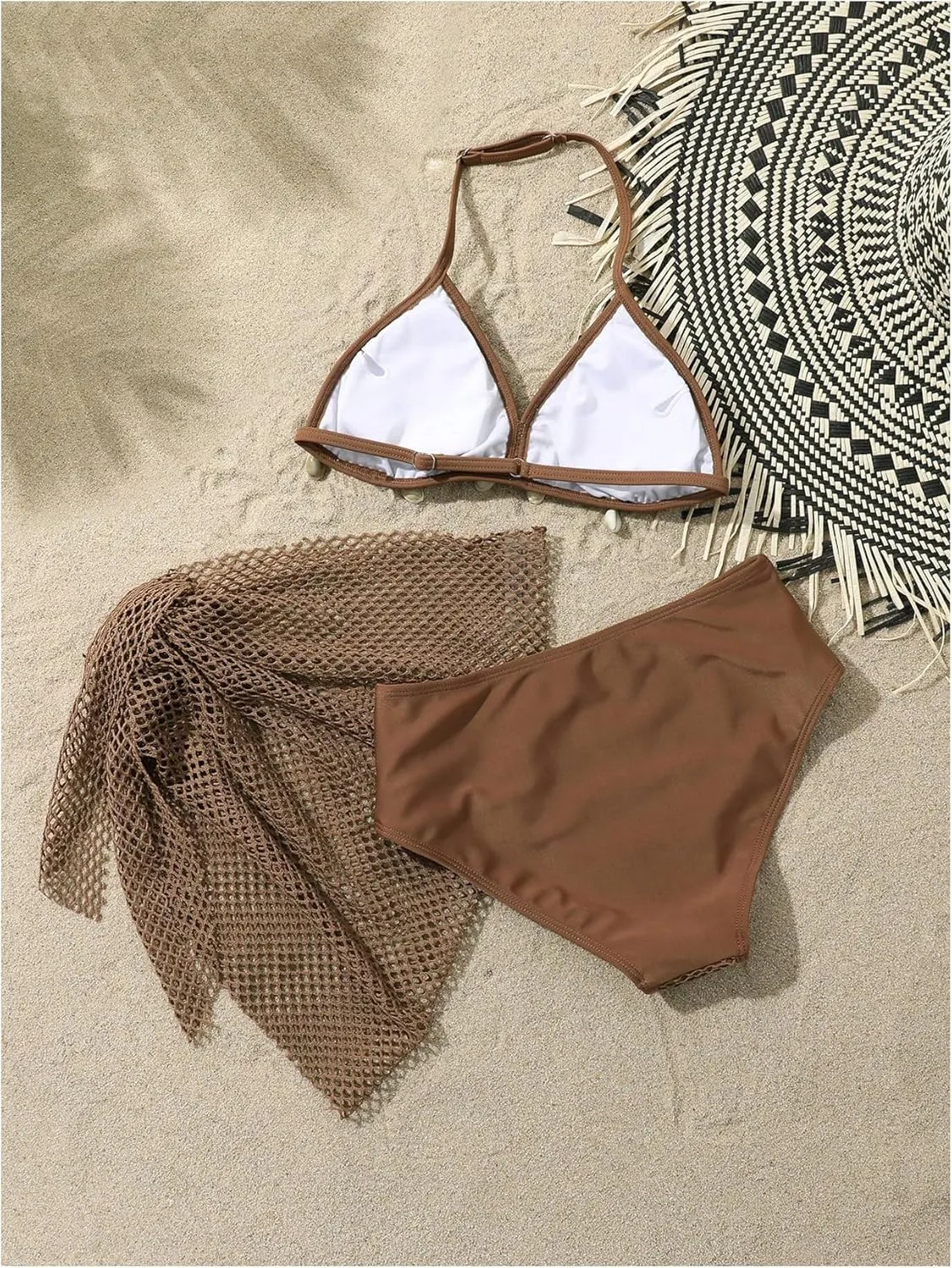 MakeMeChic Girl's Bikini Sets Seashell Halter Ruched Hollow Out Swimsuit with Beach Sarong
