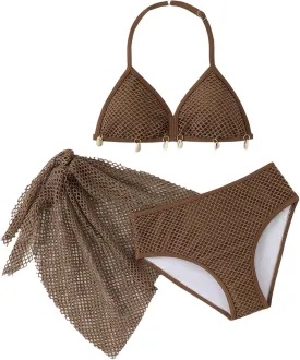 MakeMeChic Girl's Bikini Sets Seashell Halter Ruched Hollow Out Swimsuit with Beach Sarong