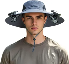 Men Women Wide Brim Sun Hats with 2 Solar Fan Waterproof Breathable Bucket Hat Outdoor Fishing Hat for Hiking Camping