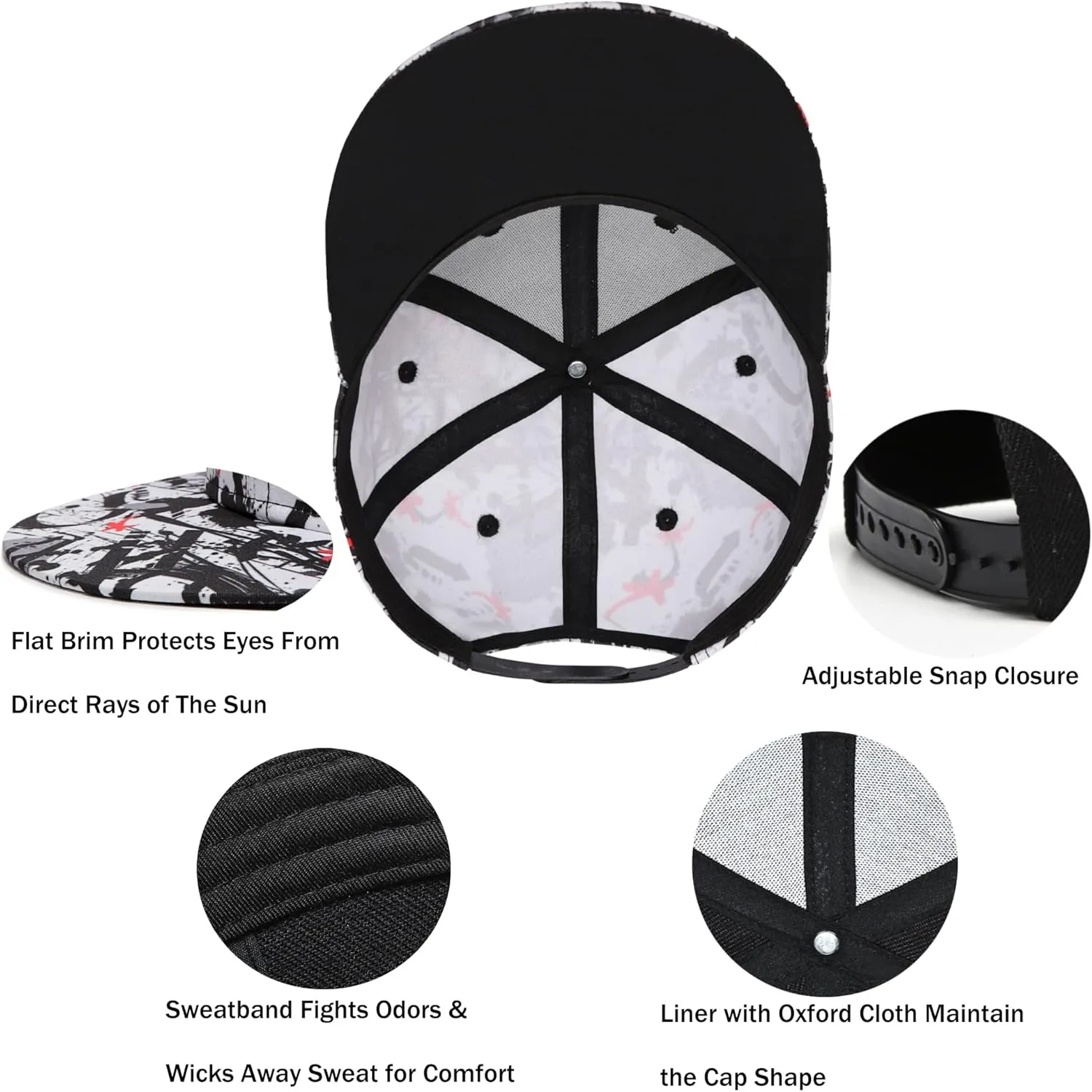 Mens Snapback Baseball Cap Hip Hop Style Flat Visor Adjustable Outdoor Cap Unisex Adjustable Breathable
