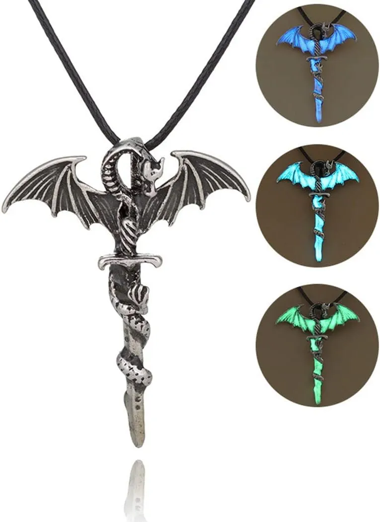 MIFYNN Luminous Dragon Necklace Personality Pterodactyl Pendant Necklace Glow in The Dark Dragon Sword Necklace Vintage Punk Animal Necklace for Men Women
