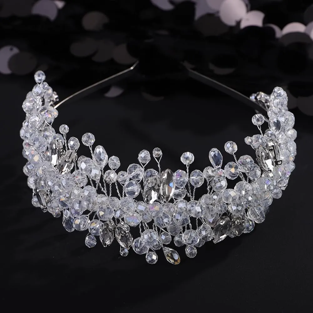 Octwine Vintage Bridal Gold Green Headpiece Handmade Wedding Headband Hair Vine Rhinestoens Headband Bridal Wedding Hair Accessories (Silver, Width1.9inches)