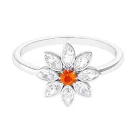 Orange Sapphire and Diamond Cocktail Flower Ring