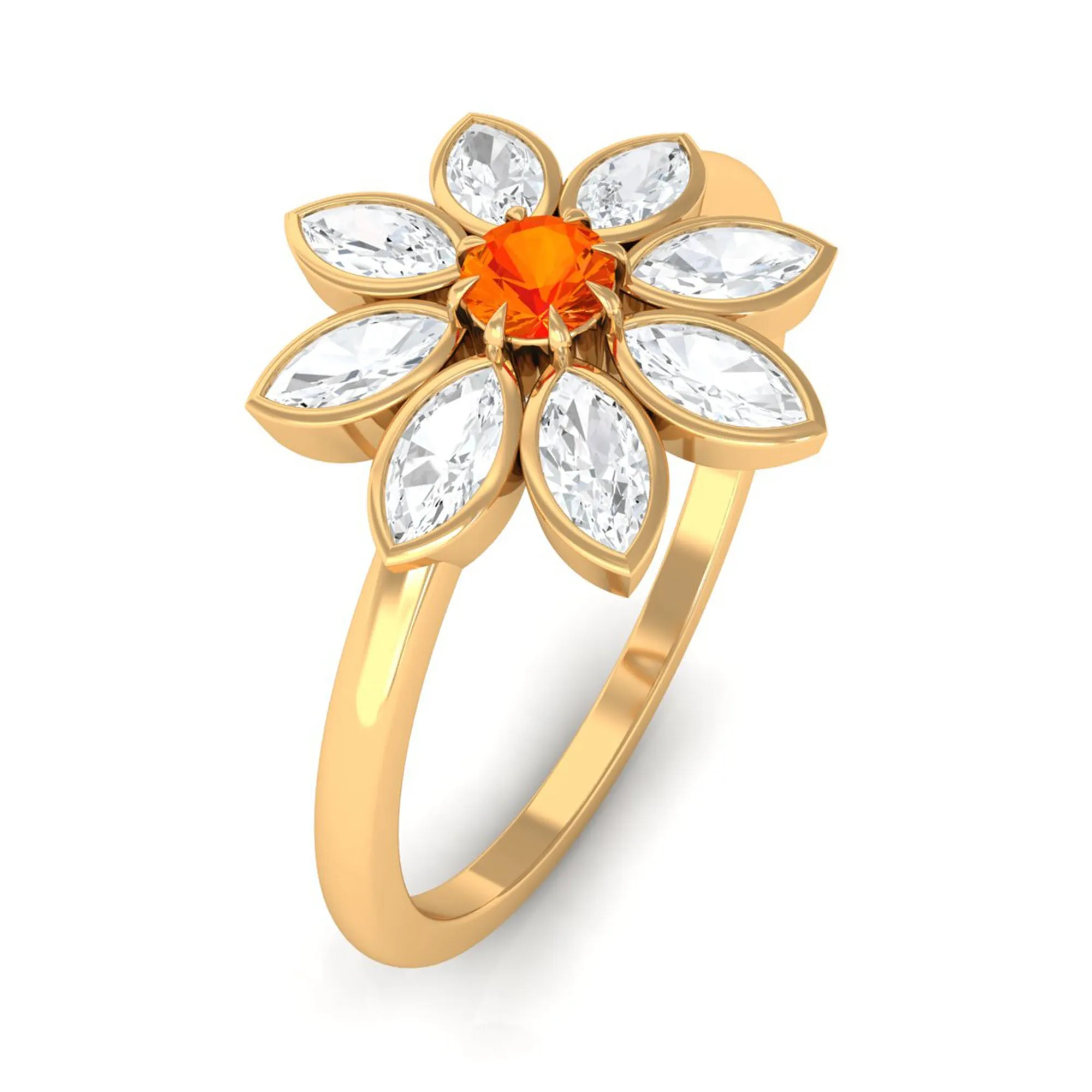 Orange Sapphire and Diamond Cocktail Flower Ring