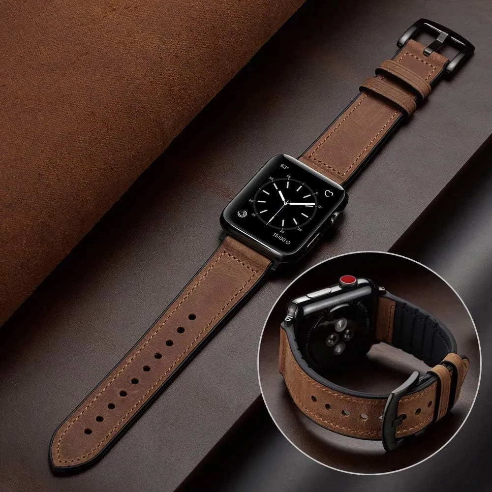 OUHENG Compatible with Apple Watch Band 42mm 41mm 40mm 38mm, Sweatproof Genuine Leather and Rubber Hybrid Band Strap for iWatch Series 10 9 8 7 6 5 4 3 2 1 SE2 SE, Brown/Black