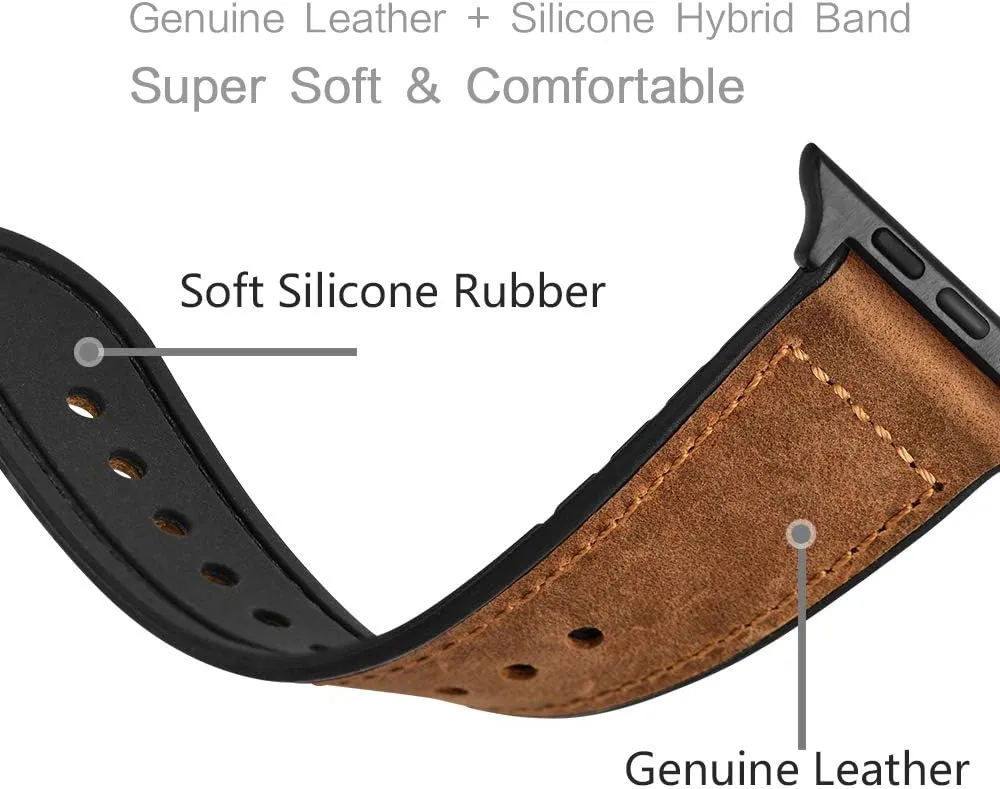 OUHENG Compatible with Apple Watch Band 42mm 41mm 40mm 38mm, Sweatproof Genuine Leather and Rubber Hybrid Band Strap for iWatch Series 10 9 8 7 6 5 4 3 2 1 SE2 SE, Brown/Black