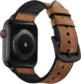 OUHENG Compatible with Apple Watch Band 42mm 41mm 40mm 38mm, Sweatproof Genuine Leather and Rubber Hybrid Band Strap for iWatch Series 10 9 8 7 6 5 4 3 2 1 SE2 SE, Brown/Black