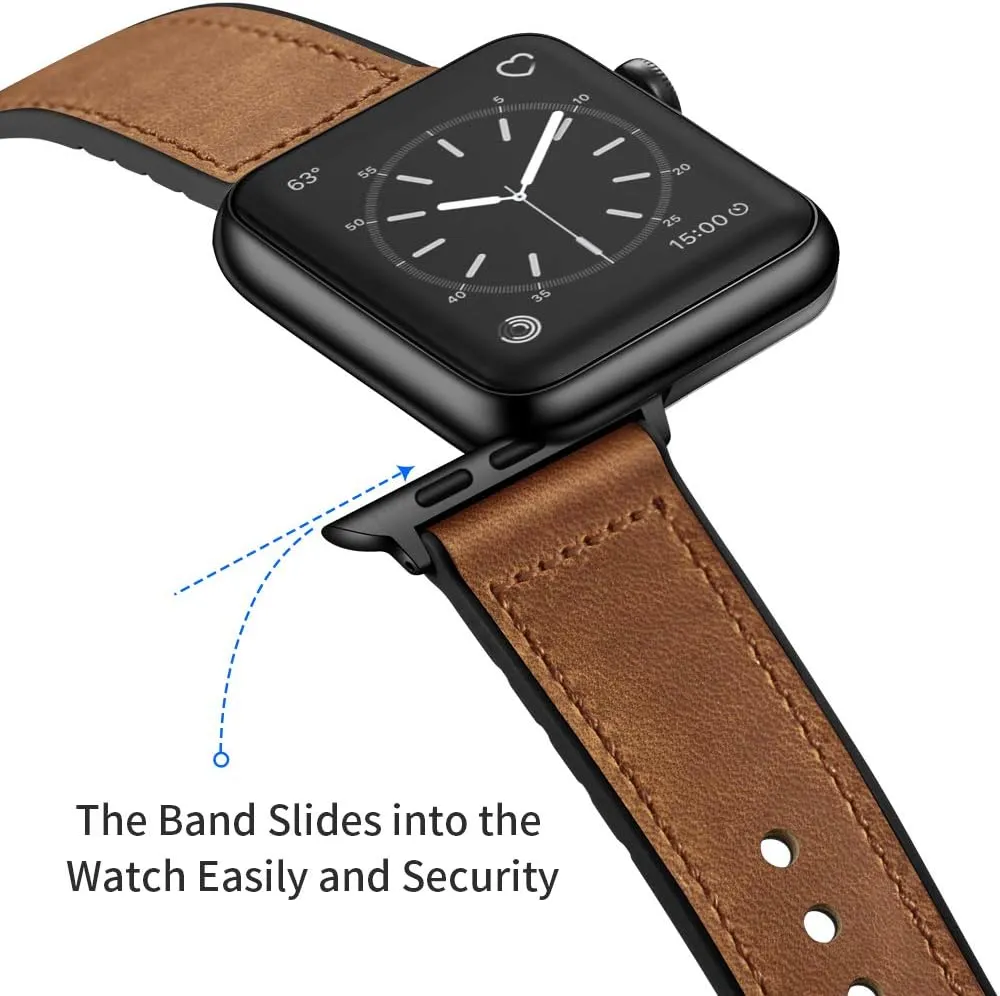 OUHENG Compatible with Apple Watch Band 42mm 41mm 40mm 38mm, Sweatproof Genuine Leather and Rubber Hybrid Band Strap for iWatch Series 10 9 8 7 6 5 4 3 2 1 SE2 SE, Brown/Black