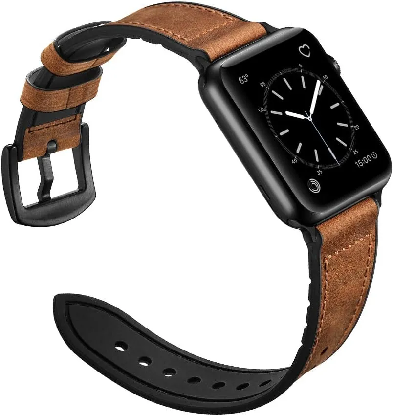 OUHENG Compatible with Apple Watch Band 42mm 41mm 40mm 38mm, Sweatproof Genuine Leather and Rubber Hybrid Band Strap for iWatch Series 10 9 8 7 6 5 4 3 2 1 SE2 SE, Brown/Black