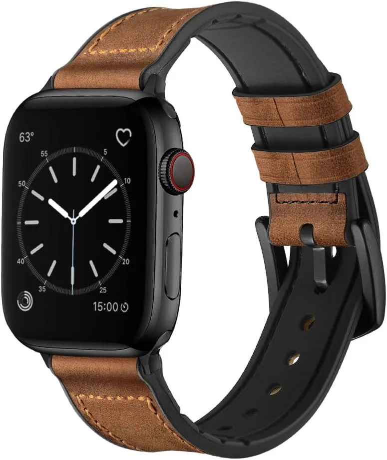 OUHENG Compatible with Apple Watch Band 42mm 41mm 40mm 38mm, Sweatproof Genuine Leather and Rubber Hybrid Band Strap for iWatch Series 10 9 8 7 6 5 4 3 2 1 SE2 SE, Brown/Black