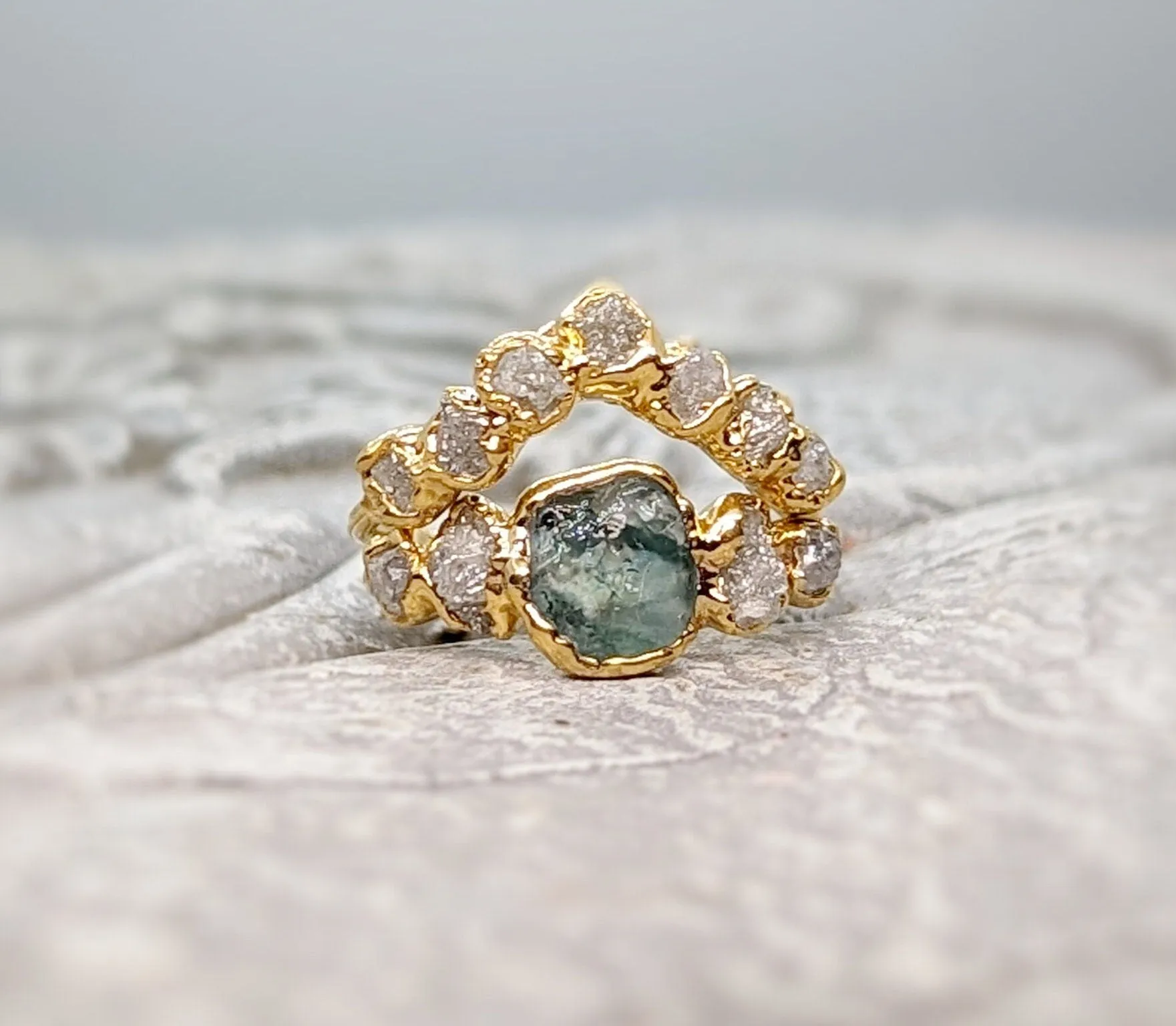 Raw Montana Sapphire and diamond bridal ring set