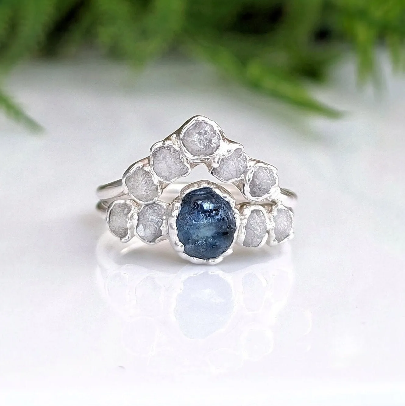 Raw Montana Sapphire and diamond bridal ring set