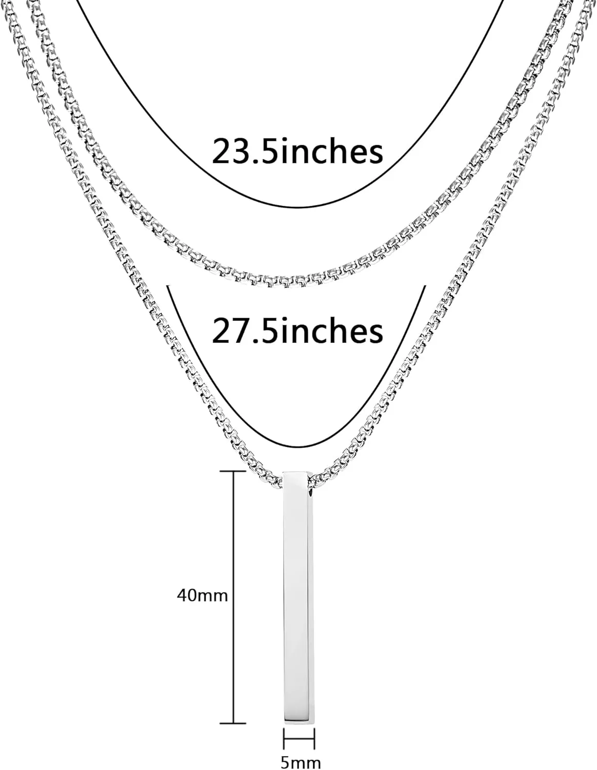 RINHOO Layered 3D Vertical Bar Necklace for Men, Stainless Steel Cuboid Necklace With Layered Box Chain and Cuban Chain for Women
