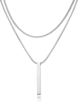 RINHOO Layered 3D Vertical Bar Necklace for Men, Stainless Steel Cuboid Necklace With Layered Box Chain and Cuban Chain for Women