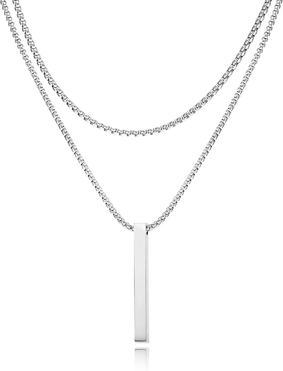 RINHOO Layered 3D Vertical Bar Necklace for Men, Stainless Steel Cuboid Necklace With Layered Box Chain and Cuban Chain for Women