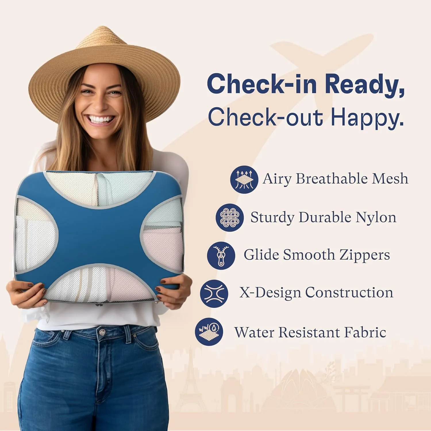 Shacke Premium 8 Packing Cubes Set - Lightweight Mesh Travel Luggage Organizers with Laundry Bag, 8-Piece Suitcase Storage System (Navy)