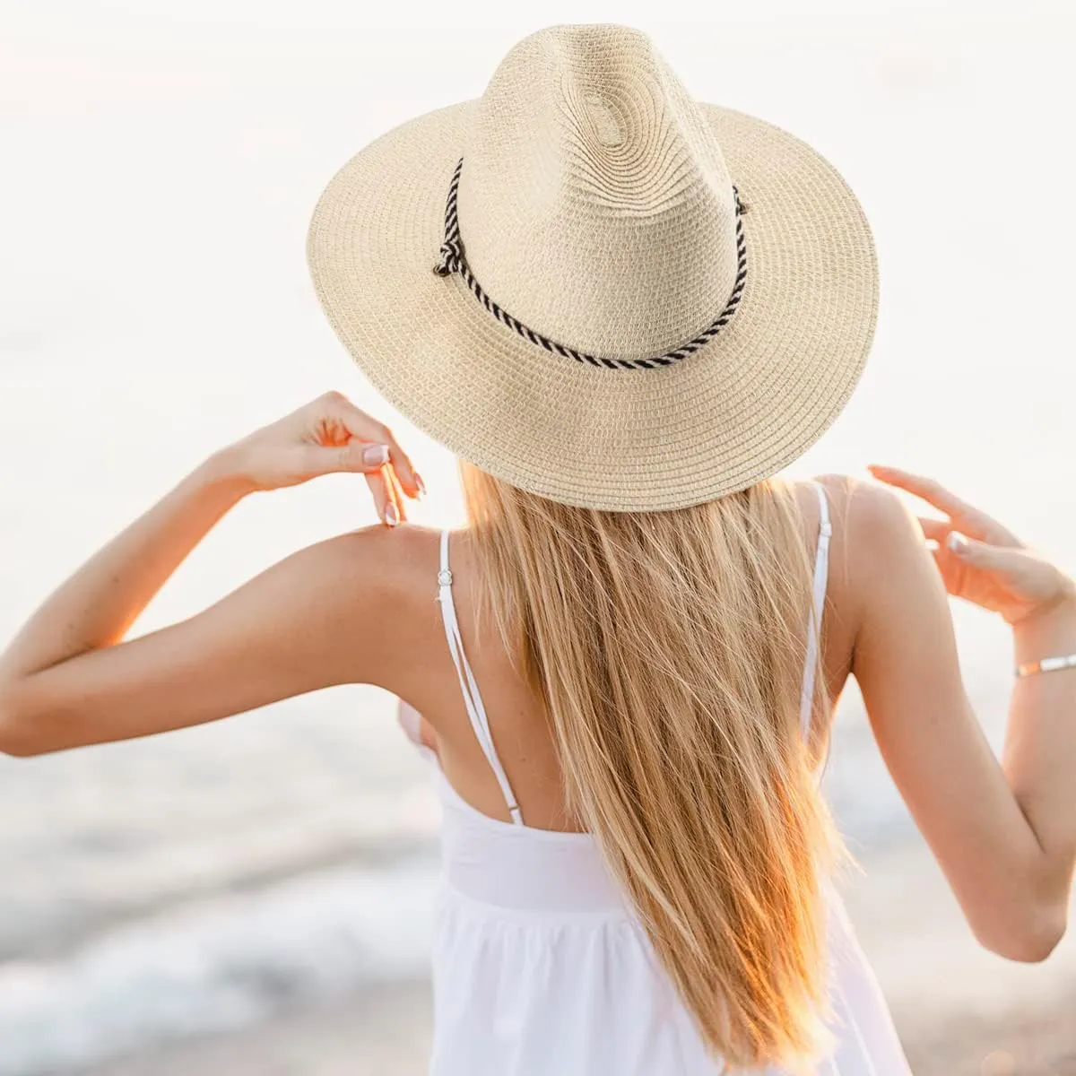 Sun Hat for Women Men Pamana Summer Wide Brim Straw Fedora Travel Chinstrap M-XL