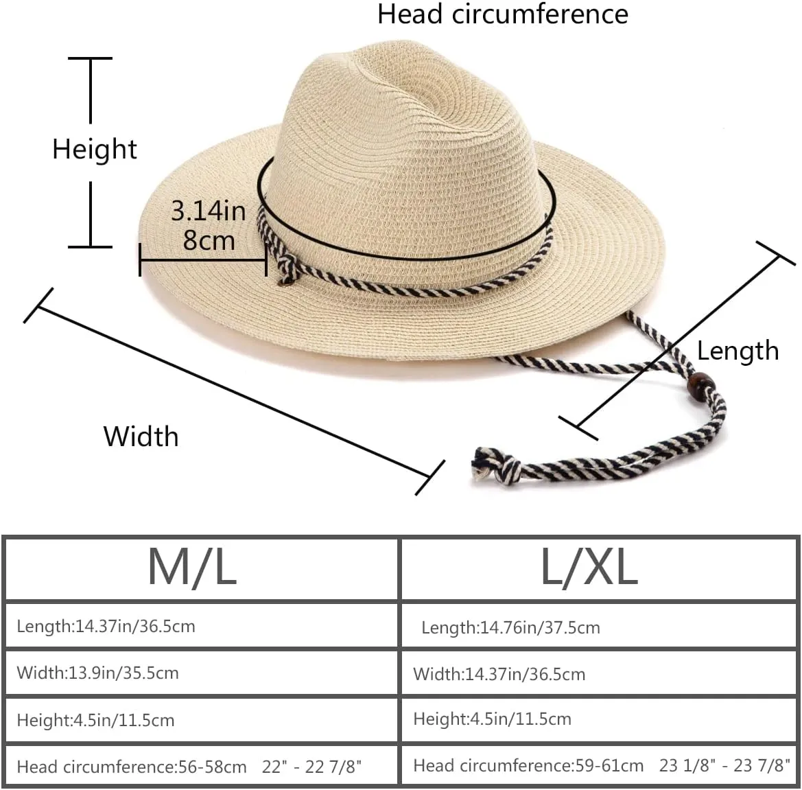 Sun Hat for Women Men Pamana Summer Wide Brim Straw Fedora Travel Chinstrap M-XL