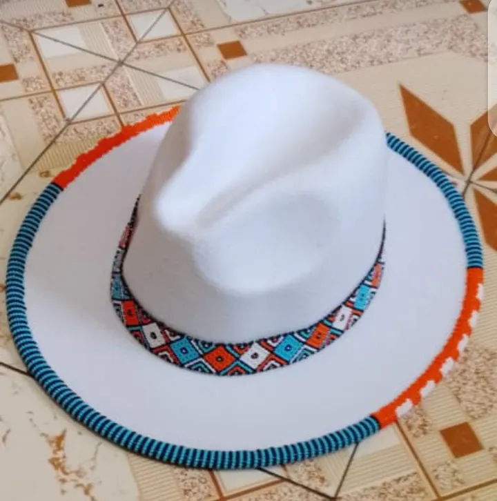 White flowered hand beaded fedora hat cowboy hat summer hat brim hat with free shipping world wide