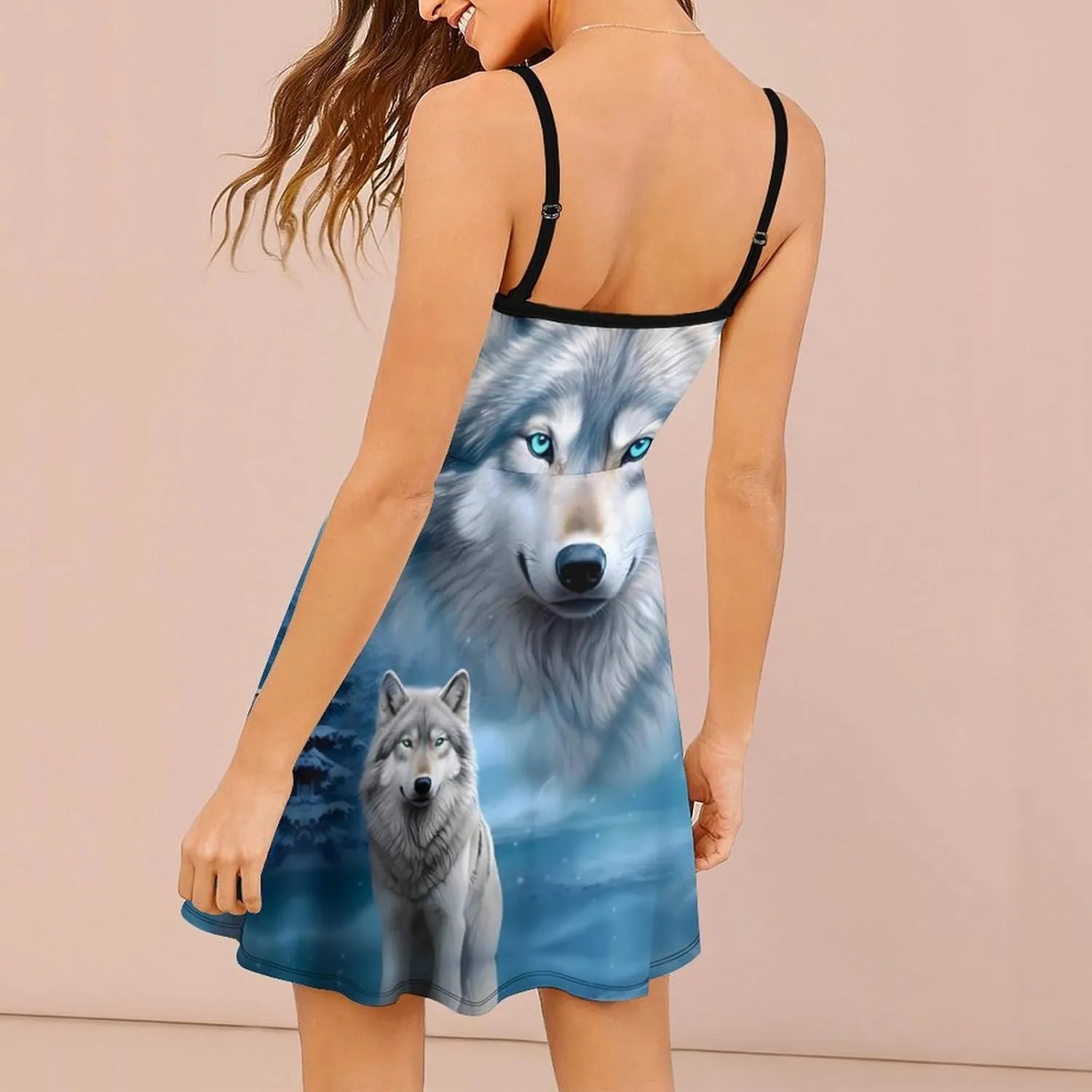 White Wolf Snow Moon Women 's Summer Sling Dress Beach Spaghetti Strap Swing Sundress Print Mini Dress Sleeveless