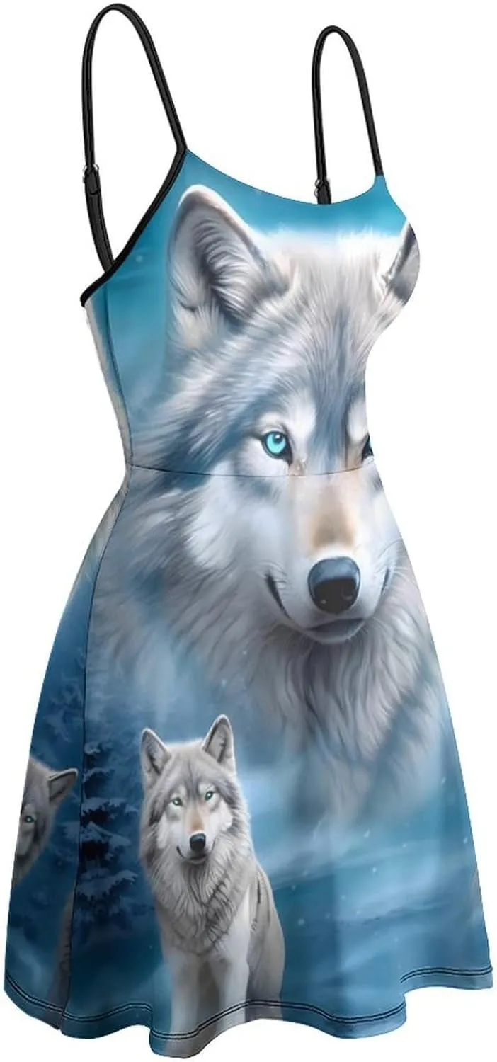White Wolf Snow Moon Women 's Summer Sling Dress Beach Spaghetti Strap Swing Sundress Print Mini Dress Sleeveless